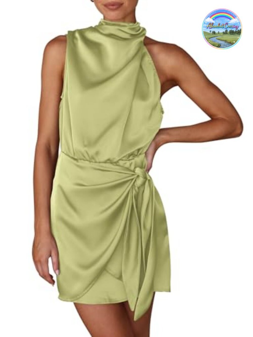 Formal Short Satin Cocktail Dress, Sleeveless Tie Waist Mini Dress